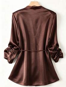 GlowEve CURVE Women's Fashion Elegant Elastic Pleated Long Sleeve V-Neck Hidden Button Placket Tie Satin Blazer, Suitable For Daily Wear And Commuting Fall - Brown - View 2