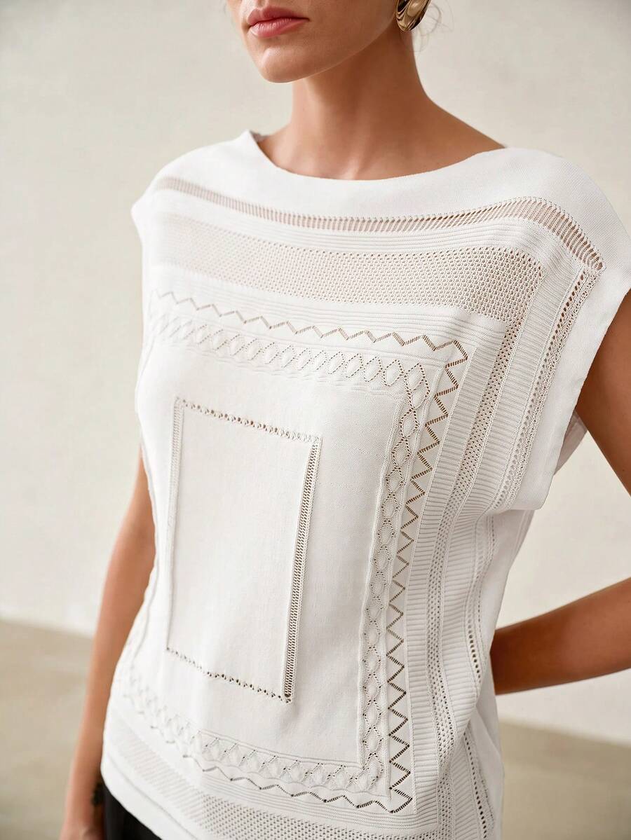 MOTF PREMIUM SPRING/SUMMER ELEGANT JACQUARD SILK SCARF PATTERN KNIT TOP - White - View 2