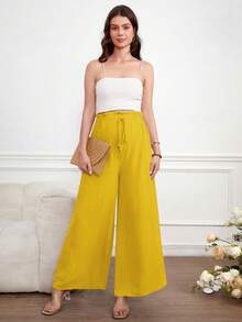 SHEIN 孕婦純色可調腰寬腿休閒長褲，適合日常穿著 - 黃色 - 查看 4