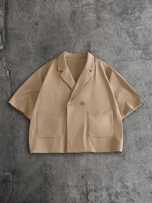 AXEPEAK Men's Solid Color Double Button Pocket Short Sleeve Shirt And Pants Set - Camel - View 3