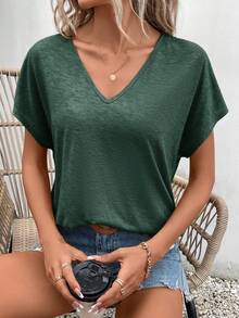 SHEIN Frenchy 女款純色V領休閒百搭日常短袖T恤 - 墨綠色 - 查看 5