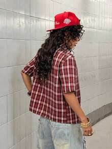 StreetHx Streetwear Women Plaid Short Sleeve Shirt - Red - View 2