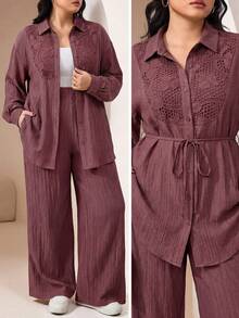 Al Najma Plus Size Women Solid Color Contrast Lace Long Sleeve Single-Breasted Shirt And Pants Conservative Arabic Outfit - Dusty Pink - View 2