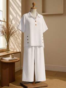 Rusticease Plus Size Solid Color Casual Soft Form Traditional Elegant Vacation Shirt And Pants 2 Pieces Set Allover White Summer - White - View 9
