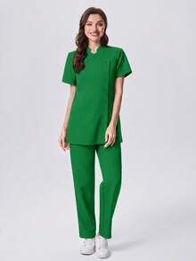 Scrubzie 抗皺立領短袖多鈕扣女款洗滌服上衣與長褲兩件套 - 綠色 - 查看 5