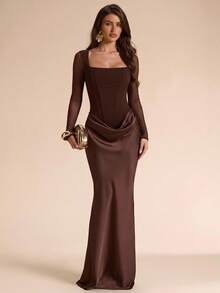 SHEIN BAE فستان سهرة طويل بطول الأرض للخريف والشتاء، بني داكن، بياقة مربعة وتصميم كورسيه مع لوحة شبكية وكشكشة ضيق الجسم وأكمام طويلة، مناسب لعيد الشكر والكريسماس ورأس السنة - بني - مشاهدة 3