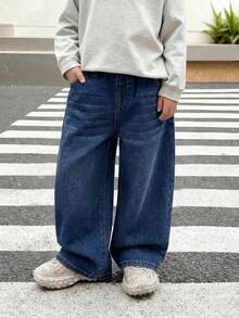 SHEIN Little Byeori Boys' Black Denim Loose Fit Long Pants - Dark Wash - View 4