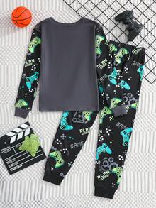 SHEIN 2件組兒童青少年男孩休閒日常舒適印花圓領套頭睡衣上衣與長褲針織居家服緊身套裝，萬聖節，貼身剪裁 - 黑色 - 查看 3