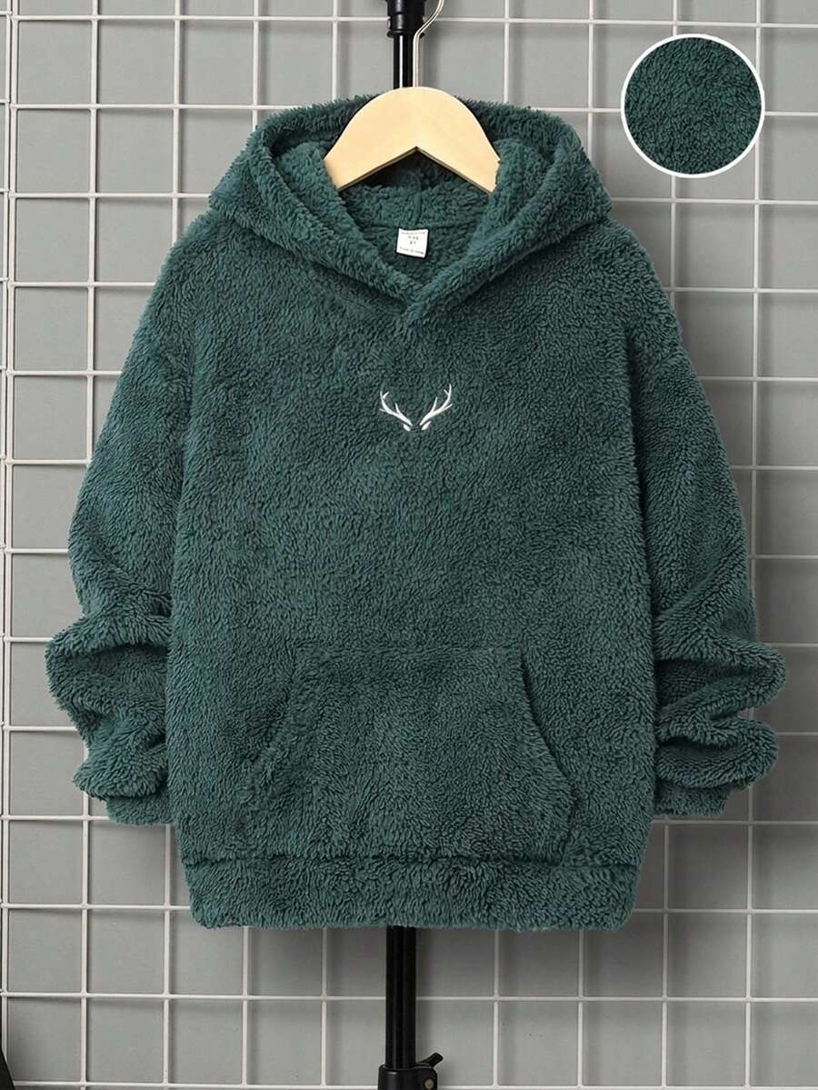 SHEIN 兒童男童休閒刺繡雙面刷毛連帽套頭針織衛衣 秋冬款 - 綠色 - 查看 1