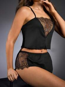 EmpressEnvy Conjunto de Camiseta e Shorts de 2 Peças em Tule Sexy e Tentador, com Recortes em Renda Transparente - Preto - Visão 5