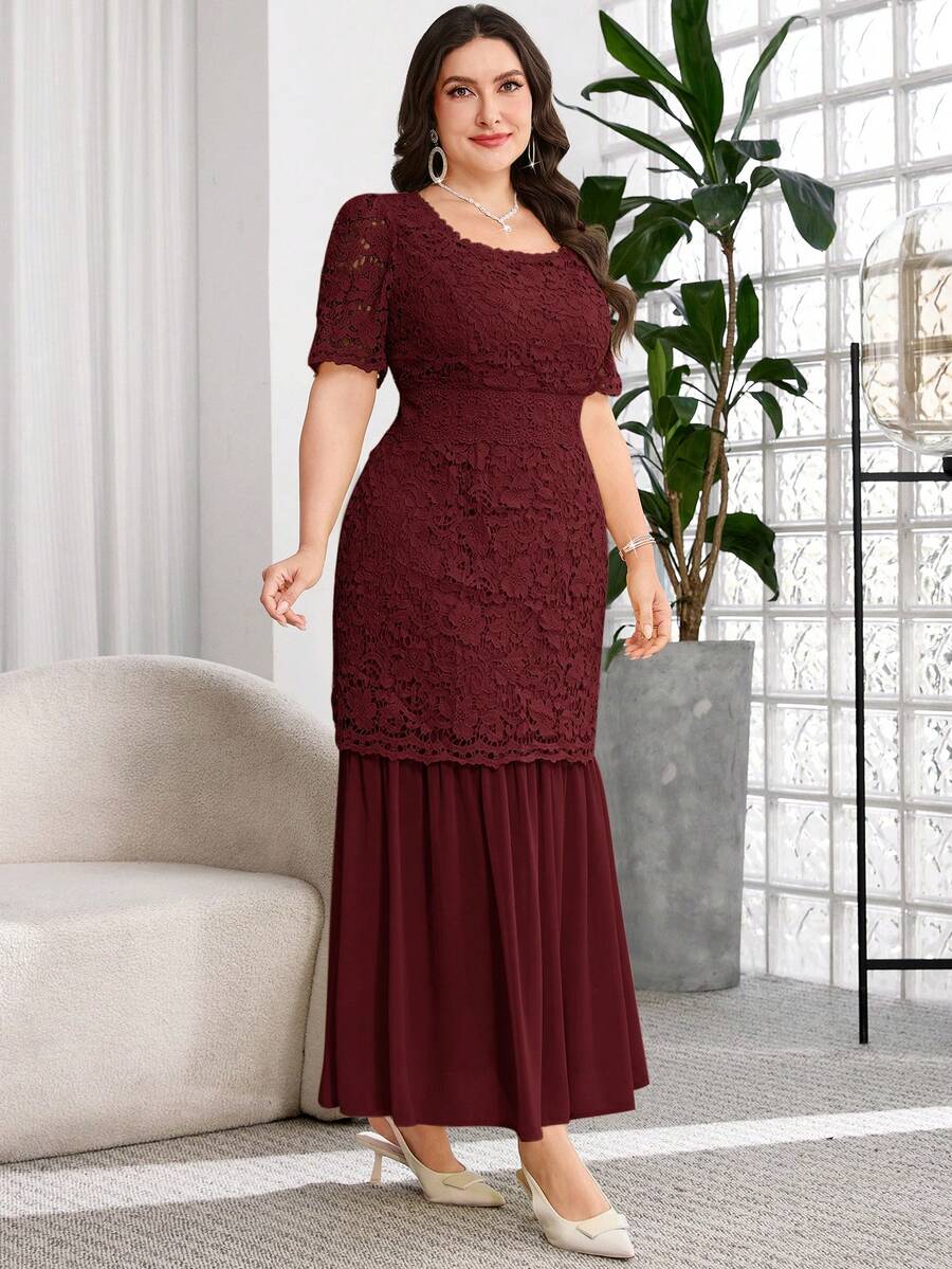 Reflora Plus Size Women's Contrast Lace Square Neck Short Sleeve Elegant Dress - Burgundy - View 1