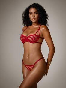 DreamPoppy 2pcs/Set Women's Sexy Lingerie Burgundy Ultra-Thin Breathable Mesh Floral Embroidery Perfect For Valentine's Day Date - Burgundy - View 7