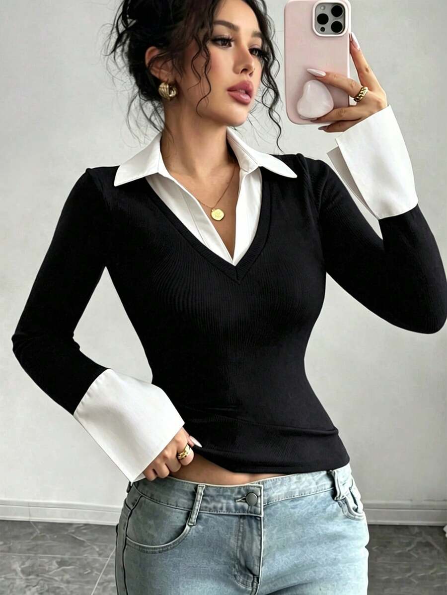 SHEIN Raffinéa 藍色條紋印花對比色女款簡約V領 Polo 領彈性修身打底上衣,休閒夜店商務休閒演唱會穿搭辦公室穿搭,老錢風熱門純色羅紋針織面料,高彈力超柔軟舒適親膚貼身修身,休閒日常性感派對街頭度假旅行約會,春夏秋冬新款喇叭袖長袖T恤 - 黑色 - 查看 1