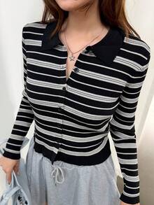 K-Vae Áo cardigan nữ kẻ sọc phong cách thường ngày đa năng - màu đen - Xem 3