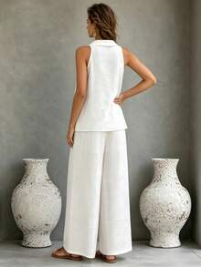Hotletica V-Neck Halter Sleeveless Shirt Women, Summer Linen-Like Loose Camisole Top & Straight Loose Pants 2 Pieces Set - White - View 2