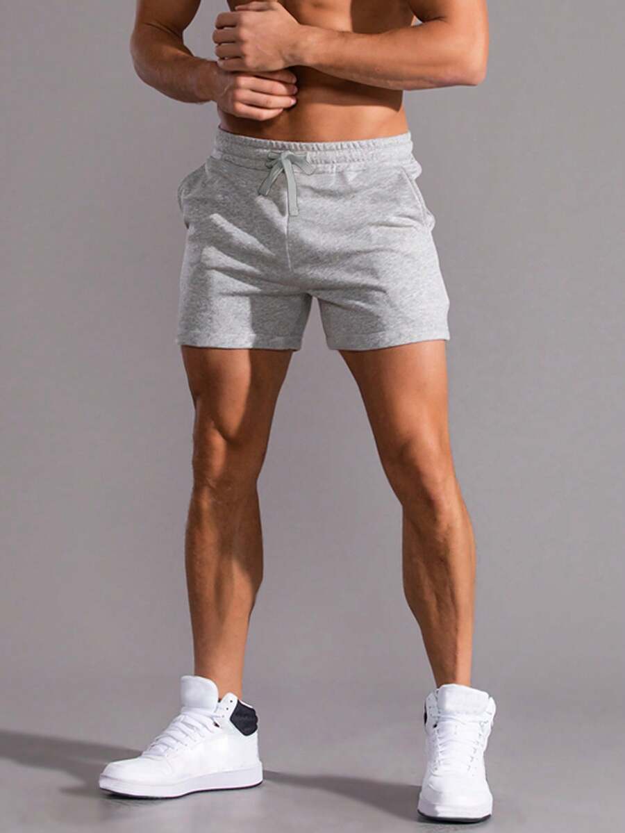 Manfinity Homme Men Drawstring Waist Shorts Jogger Plain Light Grey Gym Athletic - Light Grey - View 1