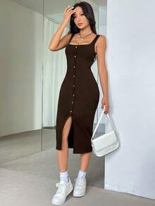 Flirla Button Front Square Neck Split Thigh Tank Dress Maxi Women Outfit - Coffee - View 3