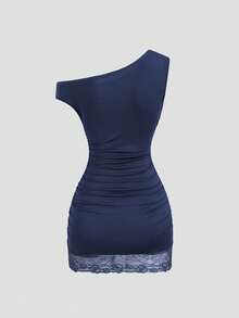 Sweetra Petite Women's Spring/Summer Brown Elegant Commuter Fitted Waist Slim Lace Patchwork Hem Mini Dress - Royal Blue - View 2