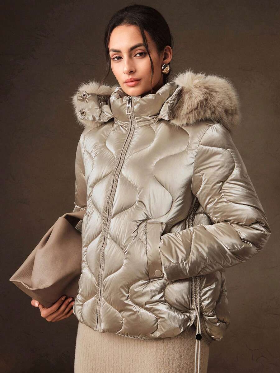 Anewsta Winter Detachable Fur Collar Hat Short Champagne Color Cotton Padded Coat