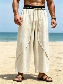 VENTUSAIL Men's Spring/Summer Vacation Style Long Pants, Lightweight Fabric With Contrast Color Belt And Rope Detail, Mature Vacation Style Casual Long Pants - Beige - View 4