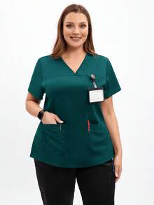 TaskEZ Scrub Tops For Women - Sweetheart V-Neck Scrub Top ,Women Short Sleeve V-Neck Nurse Uniform - Green - View 3