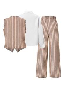 SHEIN Ensemble 3 pièces pour préadolescentes, veste, hauts blancs à manches longues vintage, rentrée scolaire, ample, pantalon large à rayures d'automne, pantalon large blanc à rayures - Multicolore - Voir 2