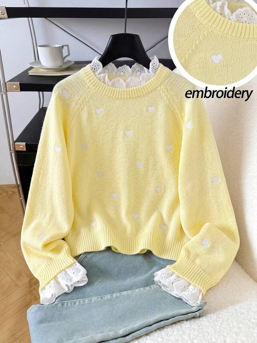 SHEIN Suéter para niña preadolescente con bordado de corazón, patchwork y dobladillo con volantes - Amarillo - Ver 1