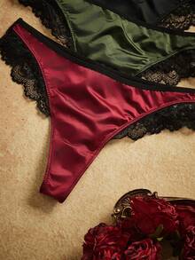 PinupPomp 3 Peças/Conjunto Calcinha Tanga T-Back Feminina Vintage Sexy Hot Girl em Tecido Brilhante e Renda Patchwork - Multicolorido - Visão 4