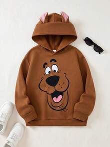 SCOOBY-DOO X SHEIN Tween Boy Cartoon Dog 3D Ear Design Loose Fit Warm Fleece Sweatshirt, Autumn/Winter - Brown - View 1