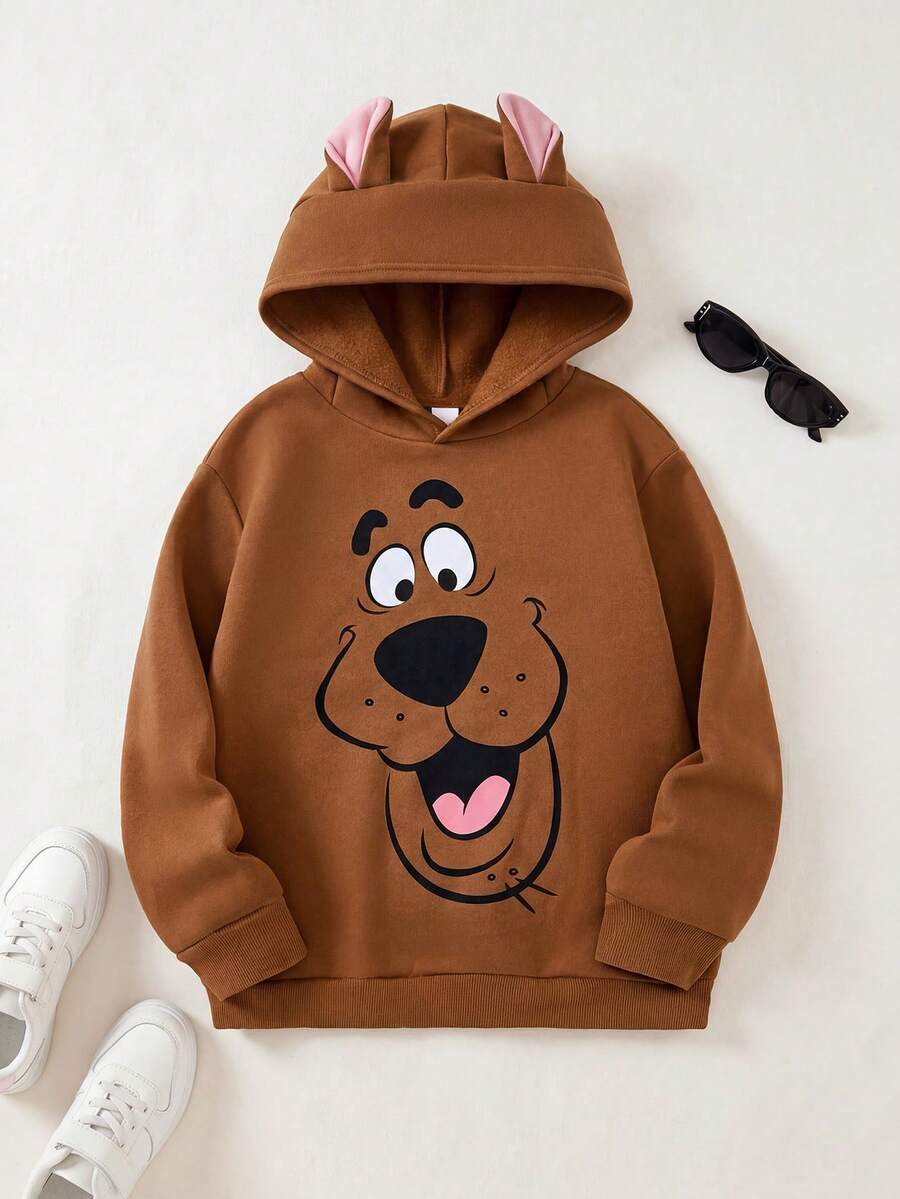 SCOOBY-DOO X SHEIN Tween Boy Cartoon Dog 3D Ear Design Loose Fit Warm Fleece Sweatshirt, Autumn/Winter - Brown - View 1