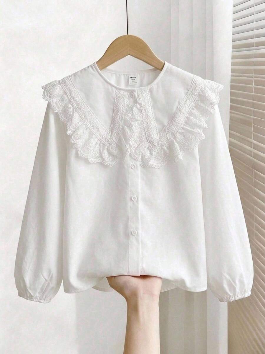 Tween Girls White Casual Sweet Lace Patchwork Ruffle Collar Long Sleeve Blouse, Tween Girl Outfit, Back To School Outfit - White - View 1