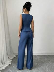 Elenzga 女款優雅無袖西裝背心與長褲套裝，商務休閒通勤風，夏季 - 深色水洗藍 - 查看 2