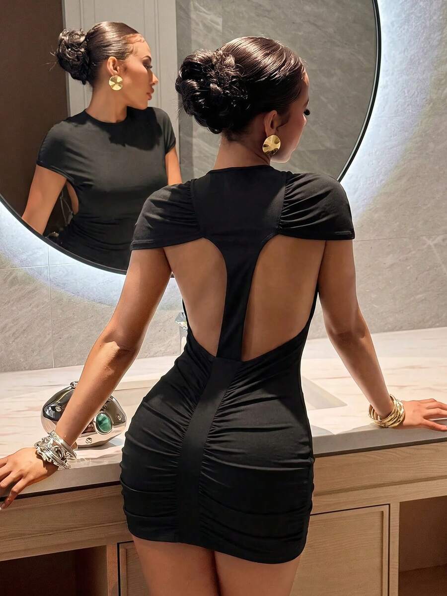 Slaydiva Elegant Sexy Cocktail Party Bar Open Back Shiny Olive Green Mini Dress-A