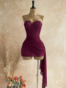 Soleia Women's Sexy Vacation Strapless Lace Textured Draped Mesh Ruched Bustier Mini Dress, Beach Night Out Club, Summer, Music Festival, Party, Burgundy - Burgundy - View 7