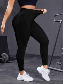 SHEIN Velisys Plus Size Seamless Leggings With Text Print Yoga Women Pants - Black - View 6