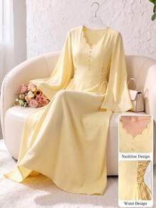 Yasveil 春夏季刺繡繫帶收腰顯瘦優雅時尚女款阿拉伯長裙 - 黃色 - 查看 11