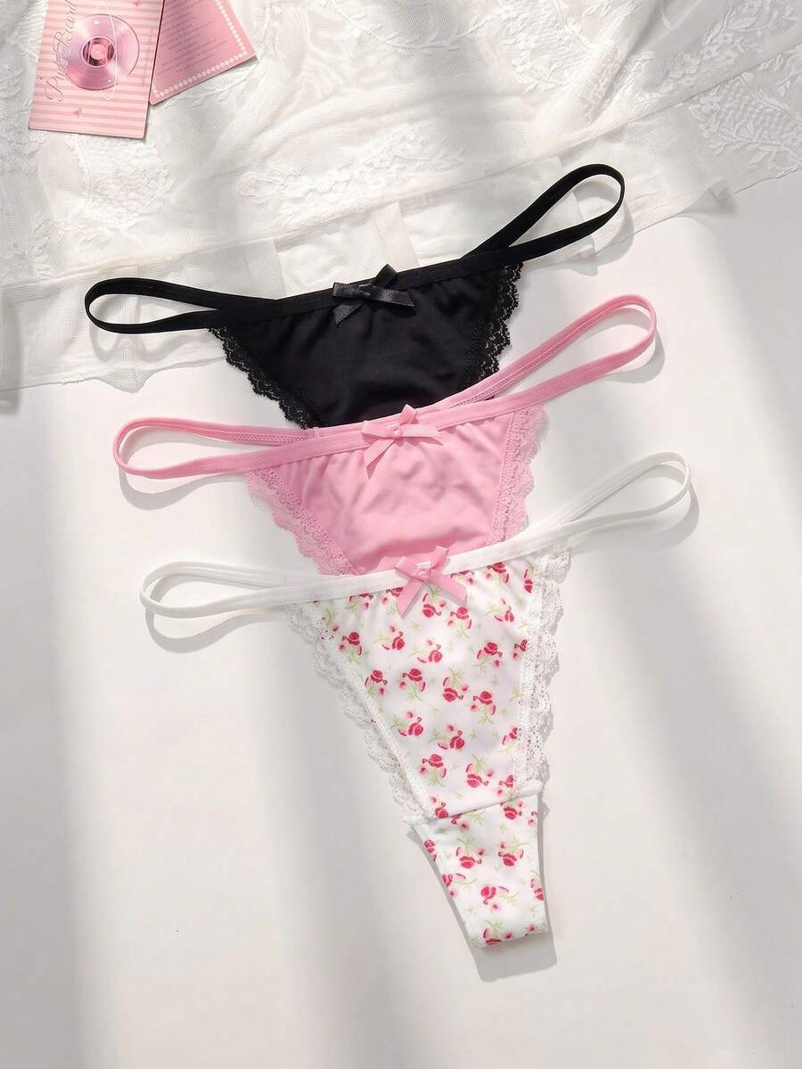 PetitDoll 3件套女士蝴蝶结蕾丝拼布花卉印花丁字裤 - 彩色 - 查看 1