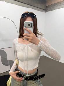 K-Vae Women's Sexy Romantic Casual Elegant Minimalist Lace Slim Fit Flattering Top Party Everyday White Floral Autumn - White - View 1