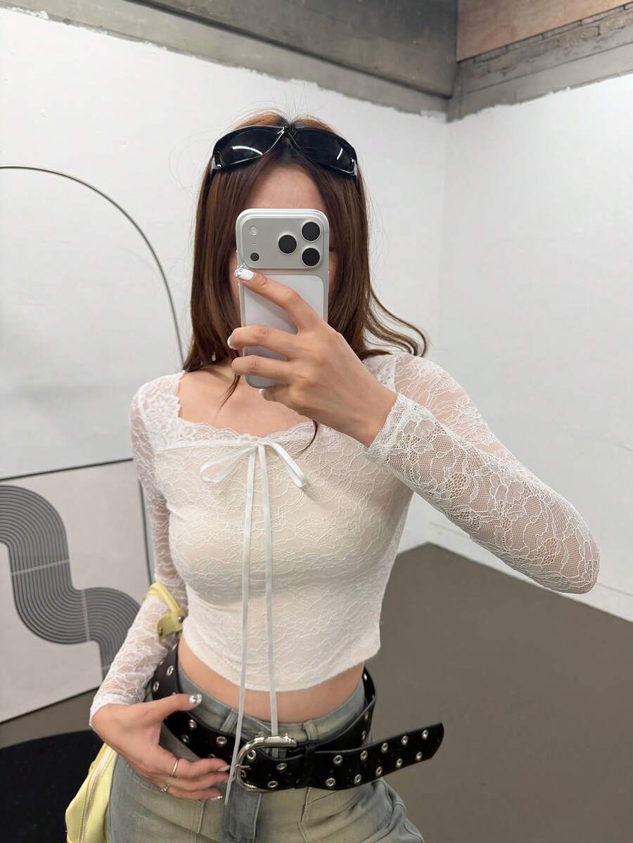 K-Vae Women's Sexy Romantic Casual Elegant Minimalist Lace Slim Fit Flattering Top Party Everyday White Floral Autumn - White - View 1