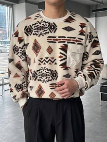 DAZY Khaki Lambswool Fabric Thermal Lined Geometric All-Over Floral Vintage Pattern Ribbed Cuff Collar Hem Men's Pullover Sweatshirt - Khaki - View 1