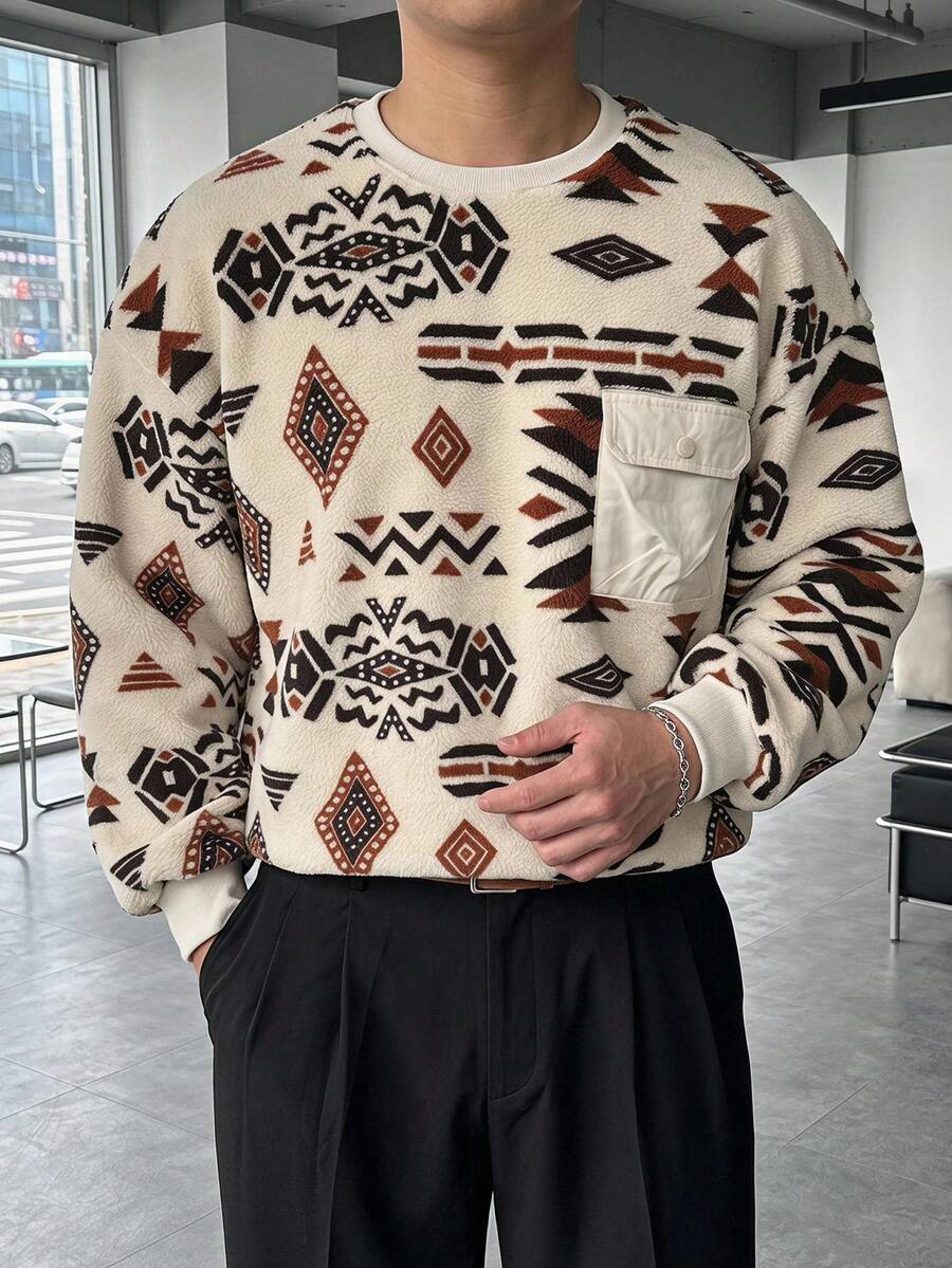 DAZY Khaki Lambswool Fabric Thermal Lined Geometric All-Over Floral Vintage Pattern Ribbed Cuff Collar Hem Men's Pullover Sweatshirt - Khaki - View 1