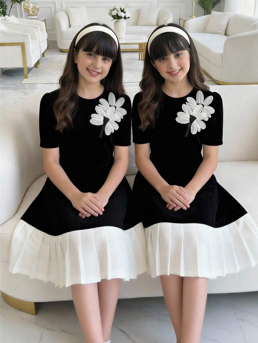 1件少女蝴蝶结褶皱短袖连衣裙,宽松版型,春夏款 - 黑色 - 查看 1