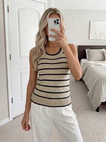 Easowa Women's Sweater Stripe, Summer 90s Retro French Classic Elegant Minimalist Sporty Casual, Work Office Brunch Beige - Multicolor - View 5