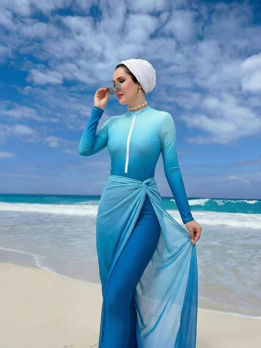 Swim Shayni 3件套女士渐变印花拉链长袖泳装，长裤和网纱裙泳装套装，适合春夏海滩、邮轮、度假，可作泳装罩衫，长款女士度假连衣裙，女士泳装罩衫 - 彩色 - 查看 1