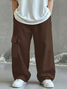 SHEIN Little Byeori 兒童青少年男孩休閒舒適直筒寬鬆工裝褲，棕色工裝褲，新年，六七歲，適合外出、出遊、上學，春夏秋冬四季皆宜 - 棕色 - 查看 2