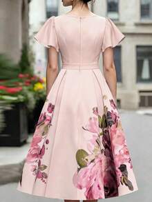 EMERY ROSE Lady's Elegant Summer Leaf-Patterned Short-Sleeved Dress With Pink Print - Suitable For Parties, Weddings And Afternoon Tea. Long Dress - Pink - View 2