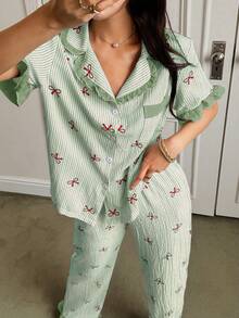 Napfluff Women's Blue Striped Bow Print Patchwork Contrast Color Ruffle Collar Short Sleeve Long Pants Pajama Set - Green - View 3