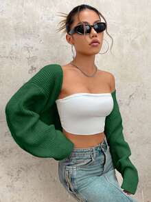 EURMUSE Y2K Grunge Drop Shoulder Open Front Crop Cardigan Without Tube Top - Green - View 5