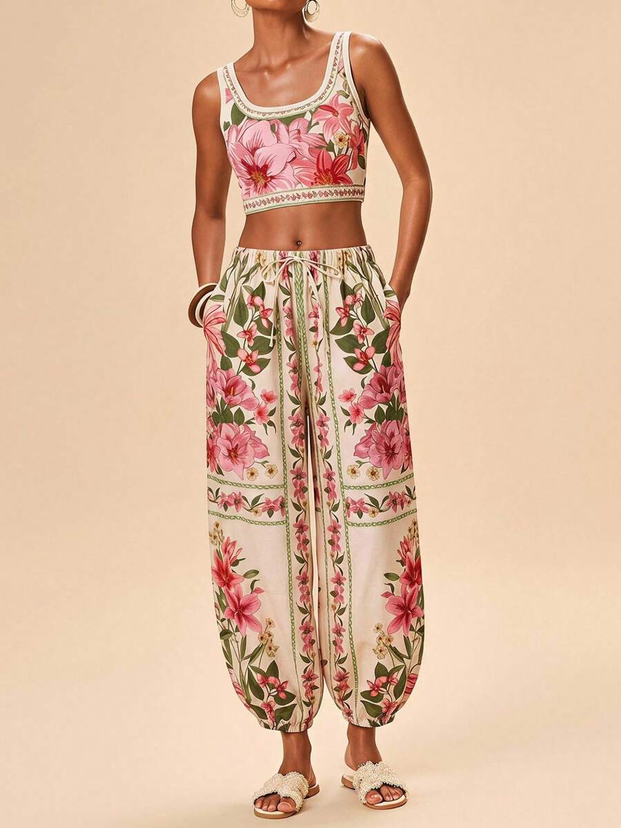 Travachic Women's Pink Floral Cropped Tank Top And Jogger Pants Casual Tropical Boho 2 Pieces Set Beach Vacation Summer