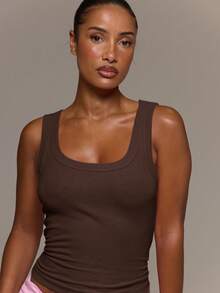 MUSERA ESSENTIALS Ribbed Scoop Neck Fitted Tank Vest Top Cute Everyday Basics Sexy Daily Spring Summer Essential - Chocolate Brown - View 2